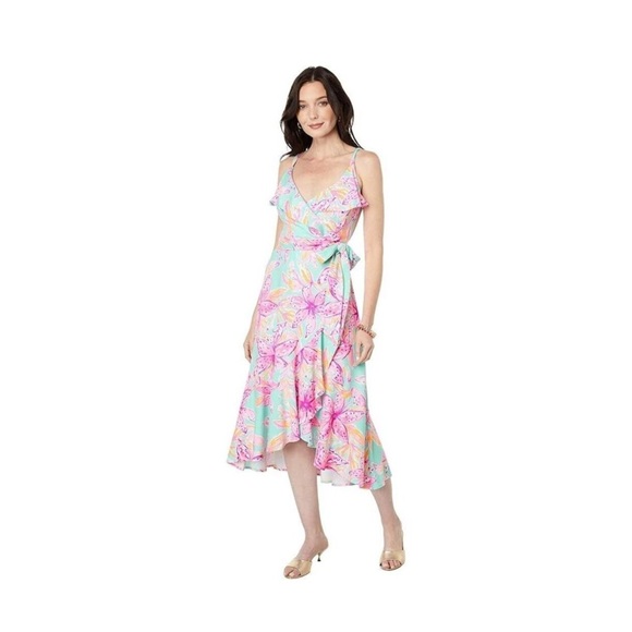 New Lilly Pulitzer Fontaine Knee Length Wrap Surf Blue Bonita Blooms Size M